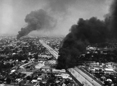 Aerial image of smoke rising from 1992 L.A. riots 